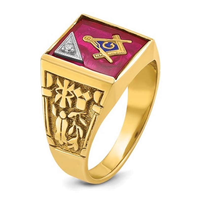 Men's 14k Gold Lab Created Ruby and Diamond Blue Lodge Master Masonic Ring