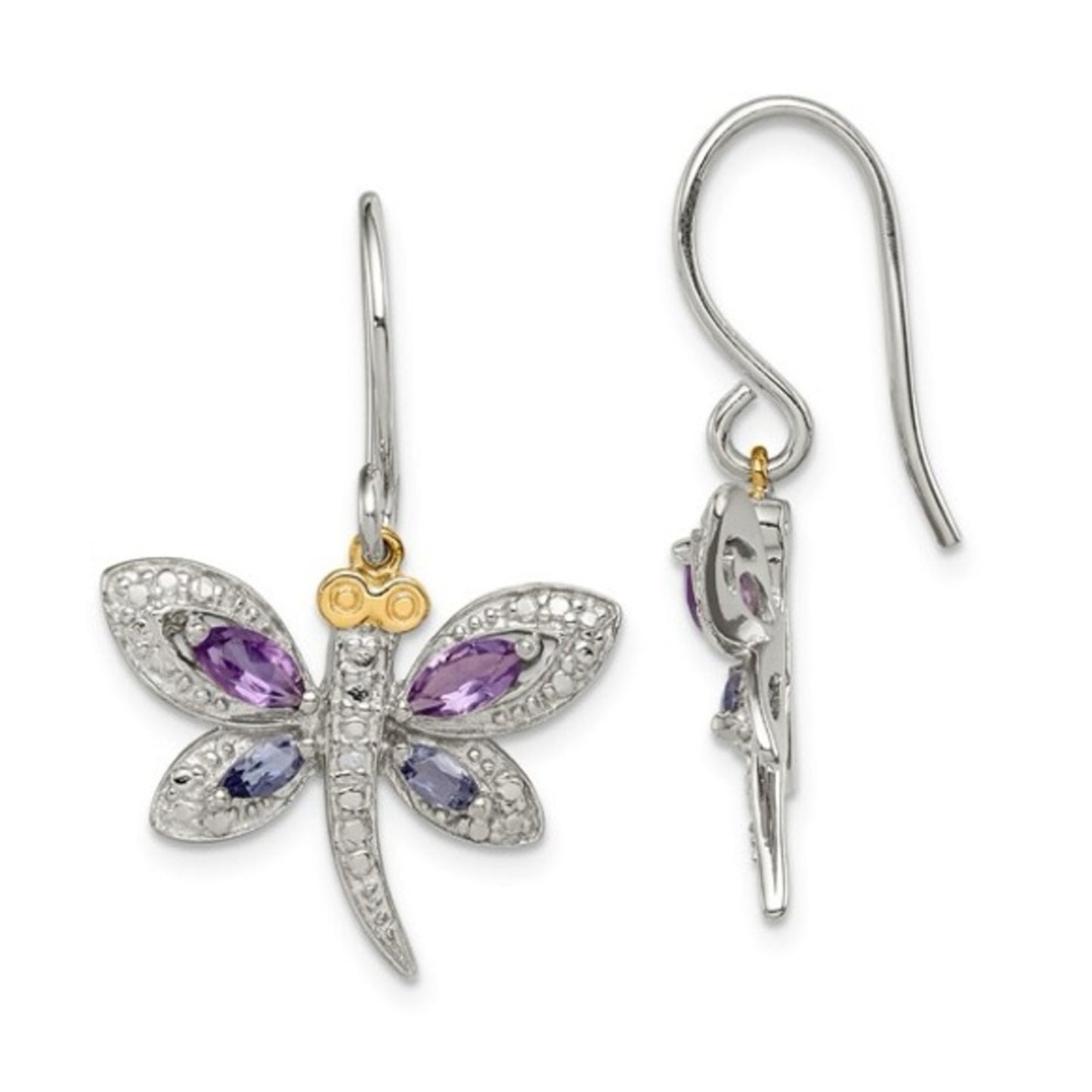 Silver & 14k Rhodium-Plated Amethyst, Iolite & Diamond Dragonfly Earrings
