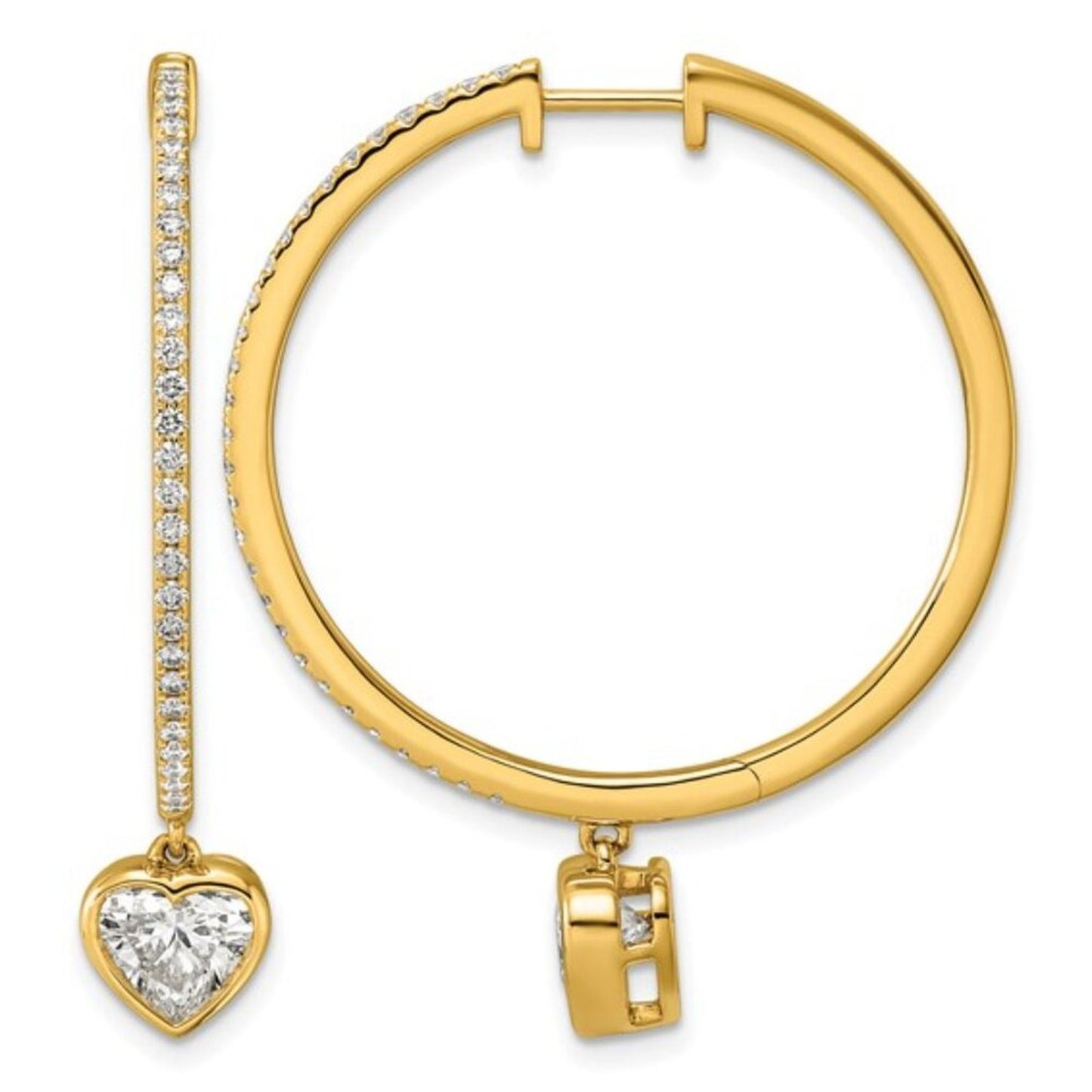 Certified 14k Gold Heart Bezel Lab Grown Diamond Dangle Hoops VS/F+