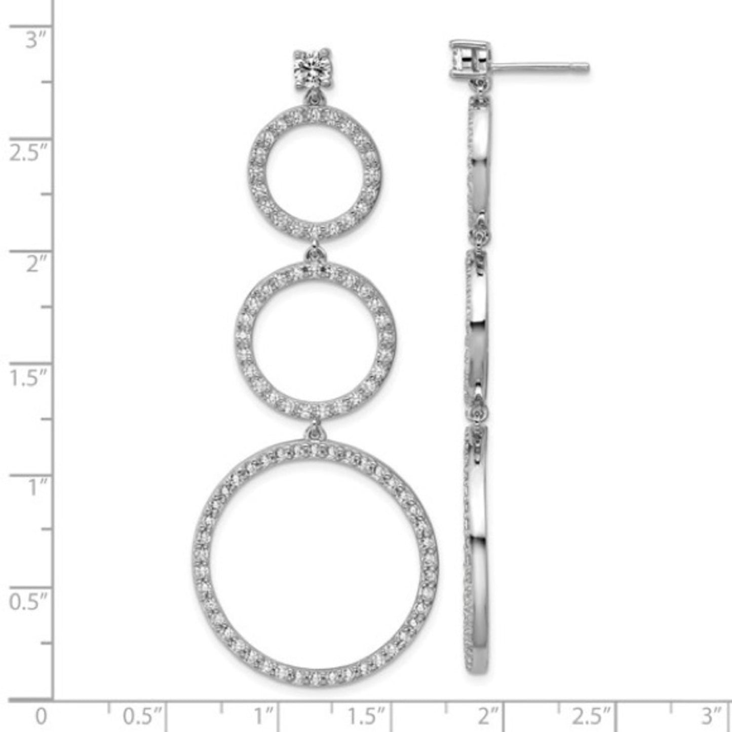 Cheryl M Sterling Silver Rhodium-Plated Three CZ Circles Dangle Earrings