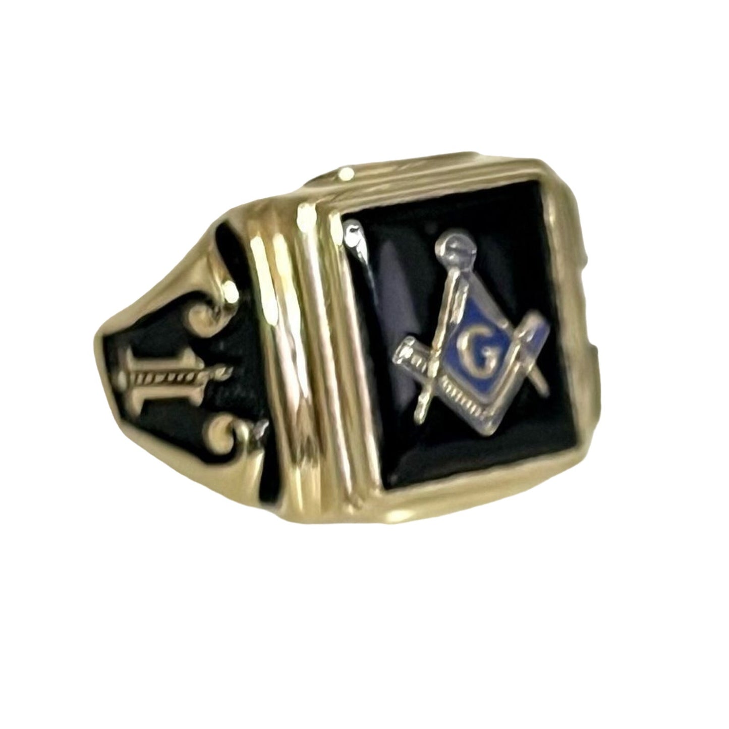 New 10k Men's Polished and Textured with Black Enamel and Onyx Masonic Ring