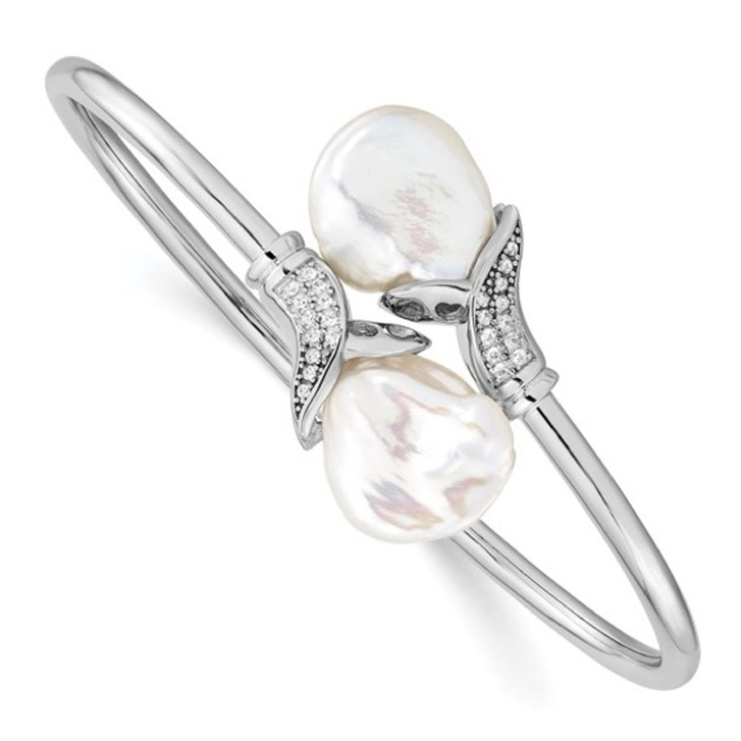 Sterling Silver Rhodium-Plated 16-17mm White Keshi Pearl & CZ Flexible Bangle