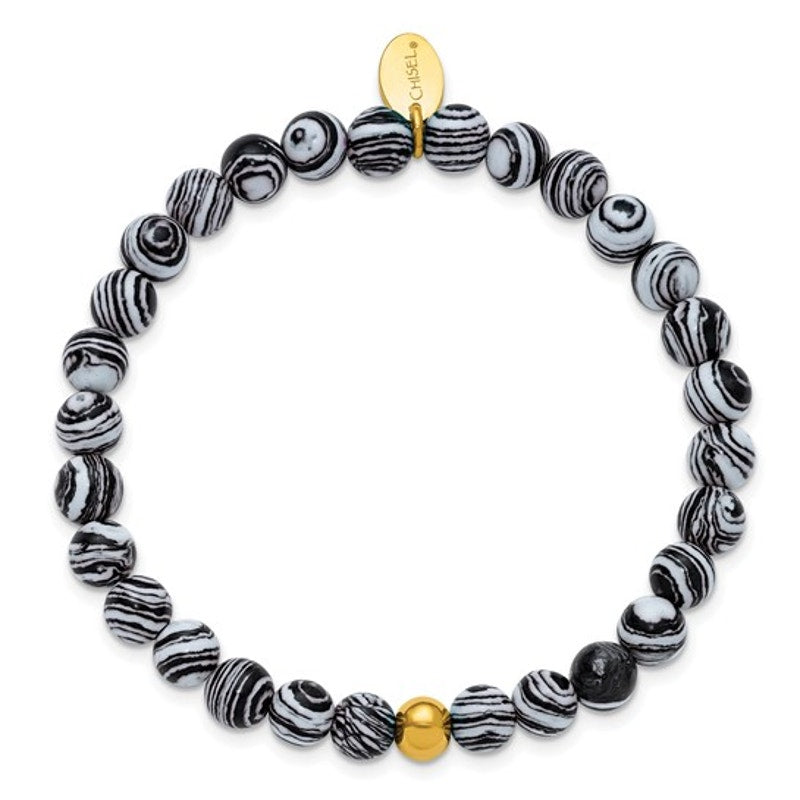 Chisel Stainless Steel Yellow IP-Plated Black Line Agate Beaded Stretch Bracelet