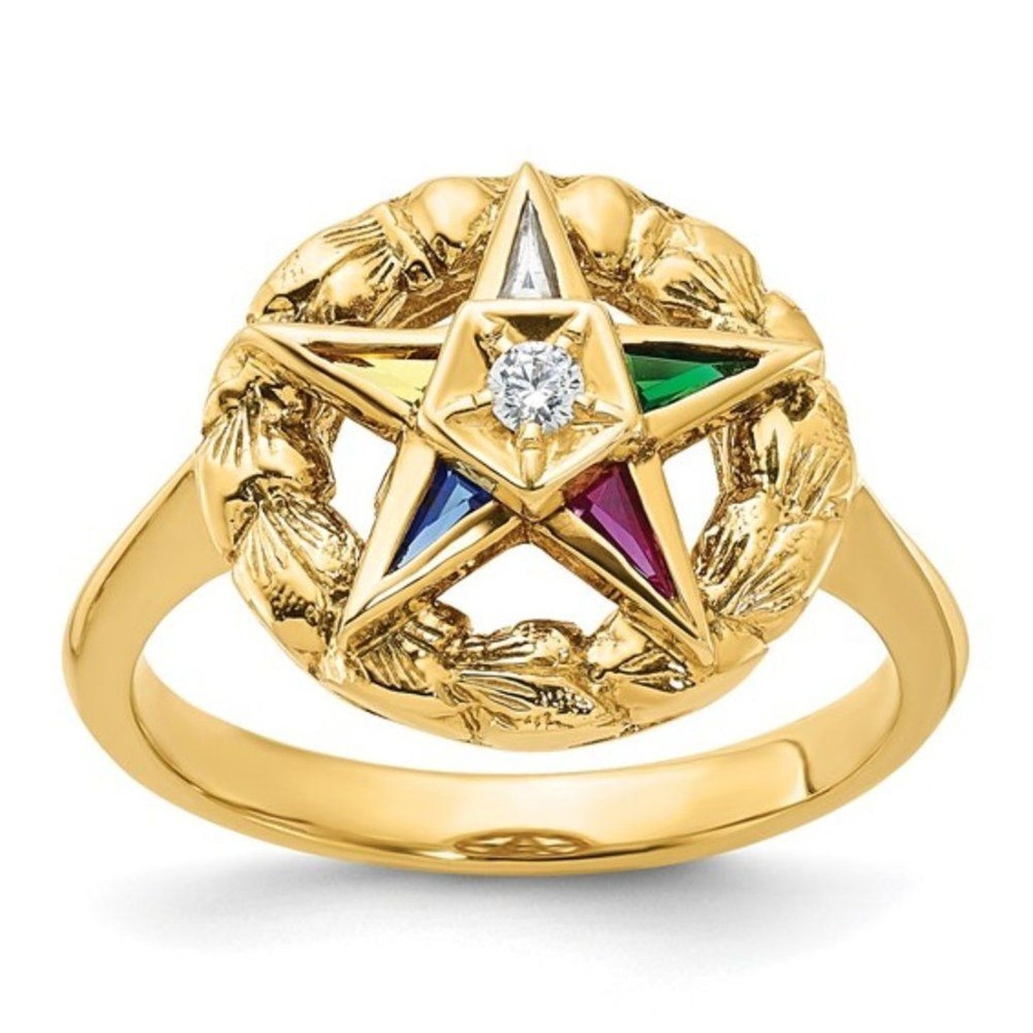 14k Gold Eastern Star Masonic Women's Ring with Multi-color CZ Stones and Diamon