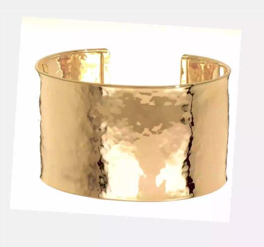 14K Yellow Gold Hammered Cuff Bangle – Wide 37mm, Solid, Made in Italy