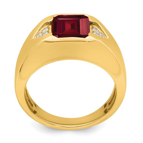 14k Emerald-cut Created Ruby and Diamond Mens Ring