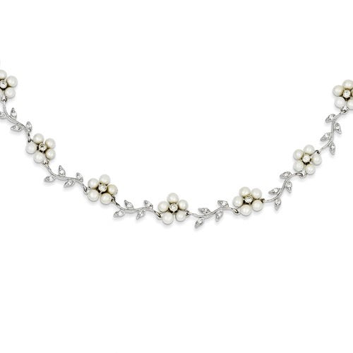 Sterling Silver Freshwater Cultured Pearl and CZ Floral Necklace