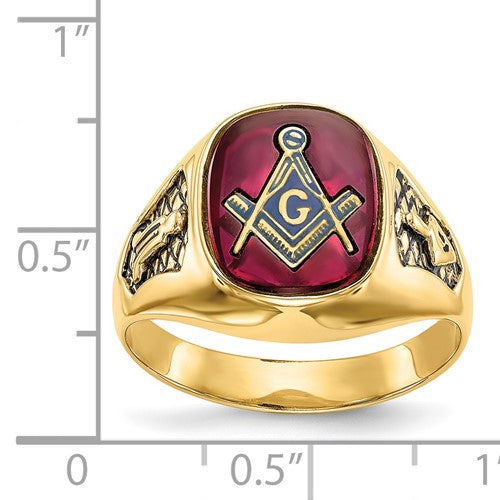 14k Men's Synthetic Ruby Masonic Ring