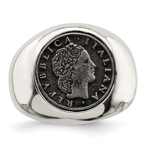 Sterling Silver Polished with Antiqued Replica 50 Lire Italian Coin Ring