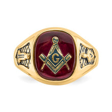 Load image into Gallery viewer, 14k Men&#39;s Synthetic Ruby Masonic Ring

