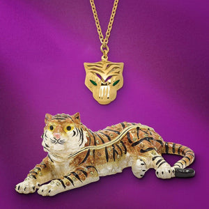 14k Polished Diamond Cut Green Enamel Tiger Necklace with free gift