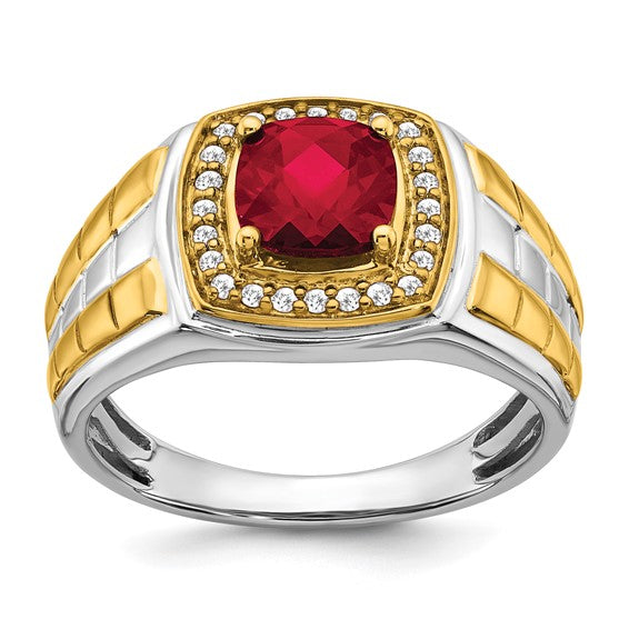 14k Two-tone Created Ruby and Diamond Mens Ring
