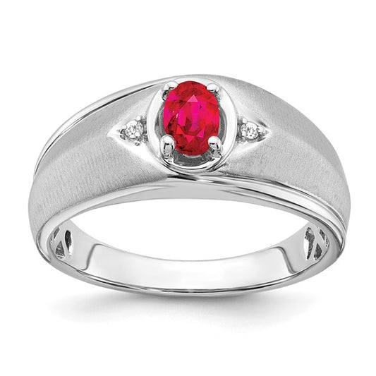 14k White Gold Oval Ruby and Diamond Mens Ring