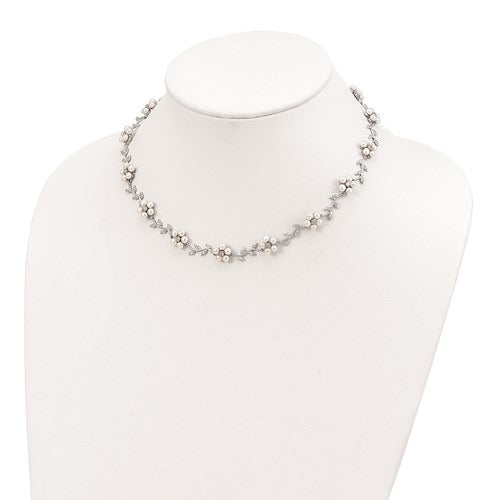 Sterling Silver Freshwater Cultured Pearl and CZ Floral Necklace