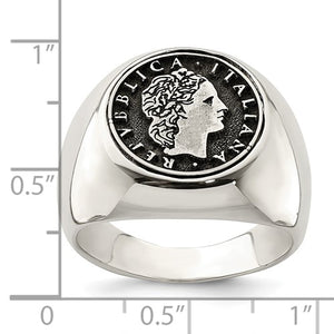 Sterling Silver Polished with Antiqued Replica 50 Lire Italian Coin Ring