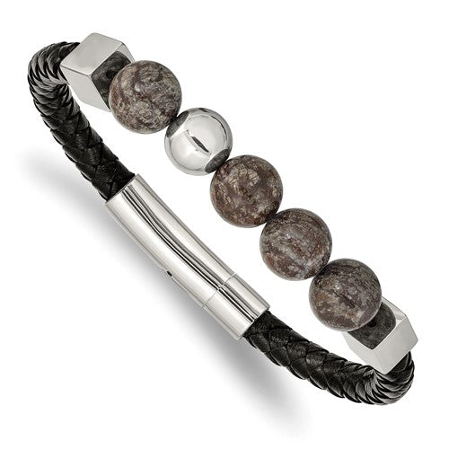Chisel Stainless Steel Polished with Labradorite Beads Black Leather 8.5 inch Bracelet