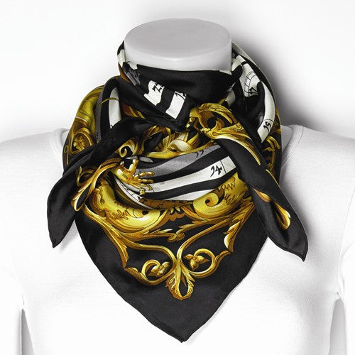 Jackie Kennedy Black Zodiac Handmade Silk 35in Fashion Scarf by Camrose and Kross
