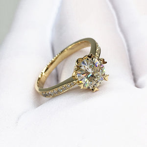 14K Yellow Gold Ring Round Brilliant Cut Moissanite Jewelry Snowflake style Engagement Anniversary Ring