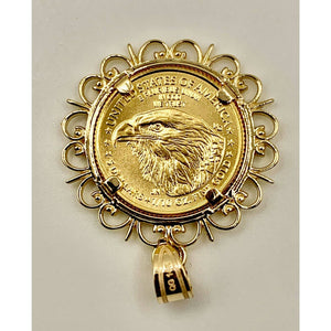 22k Gold 1/10 oz. Lady Liberty Coin mounted in 14k Gold Filigree Design Bezel, by WideBand