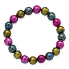 Load image into Gallery viewer, Fuchsia, Olive and Peacock 10mm Freshwater Cultured Pearl Stretch Bracelet
