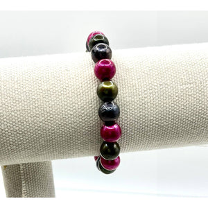 Fuchsia, Olive and Peacock 10mm Freshwater Cultured Pearl Stretch Bracelet