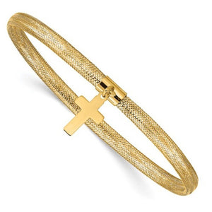 10k gold stretch mesh bracelet with cross charm