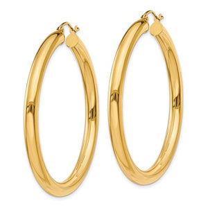 14k Yellow Gold 4mm Round Tube Hoop Earrings. 45mm Diameter.